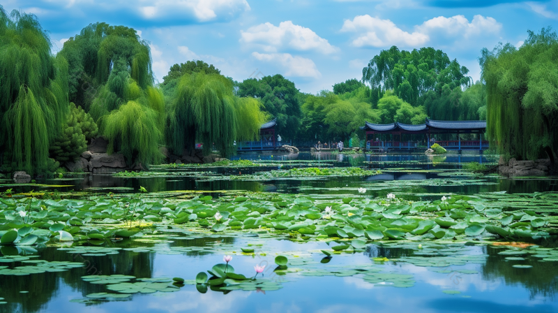杭州西湖荷叶荷花柳树湖水美丽景色,高清,摄影图,摄影图片,图片大全,摄影图免费下载